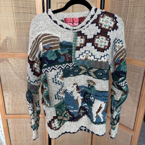 Vintage 90s Signatures Northern Isles Horse Motif Portrait Green Hand Knitted Sw - Picture 3 of 5